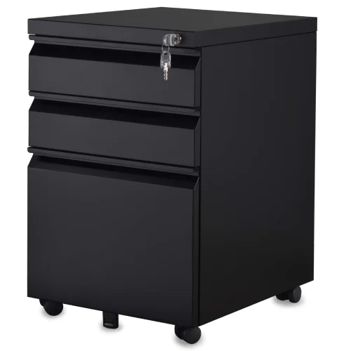 Three-drawer steel mobile pedestal on castors