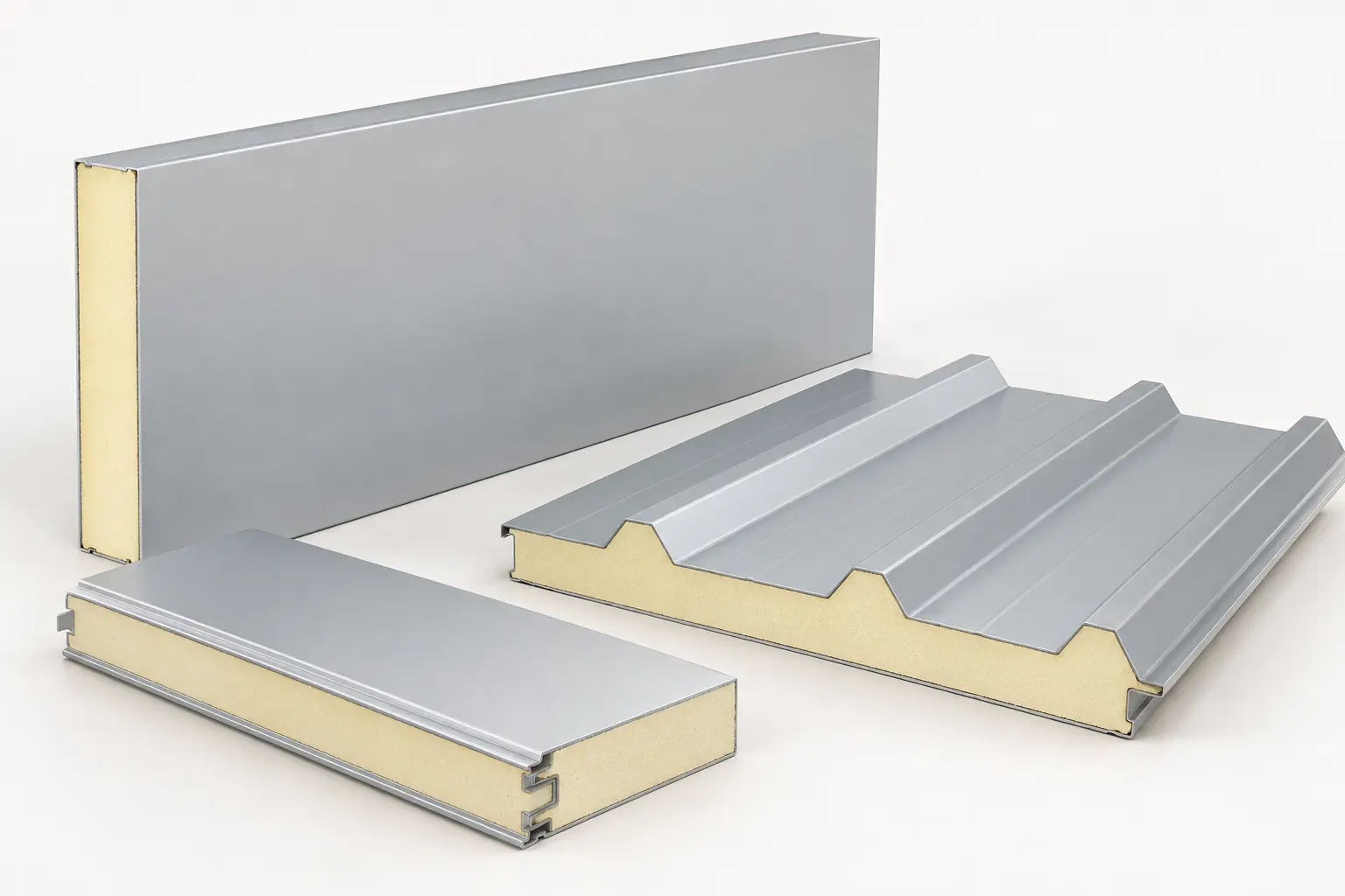 Steel-faced PUF wall and roof panel samples with exposed insulation core and joint detail