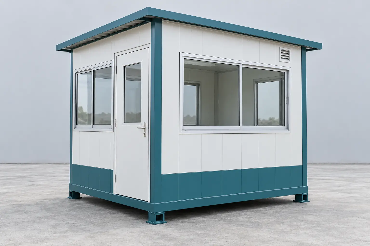 Steel security guard cabin with observation windows, personnel door and raised base