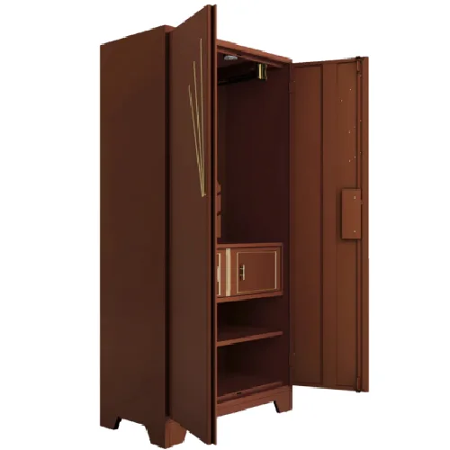Steel almirah with shelves, lockable compartment and open doors
