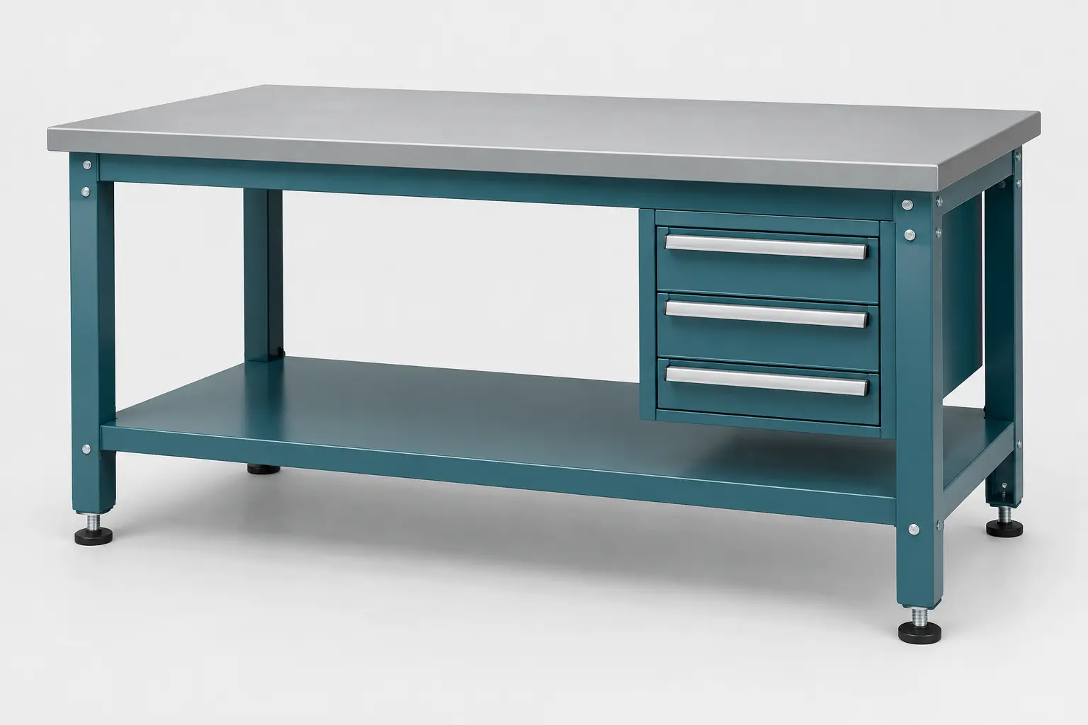 Steel assembly workbench with lower shelf, drawers and levelling feet