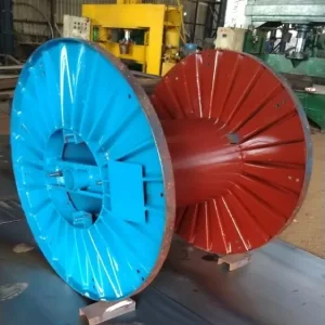Fabricated steel cable drum with reinforced flanges and barrel