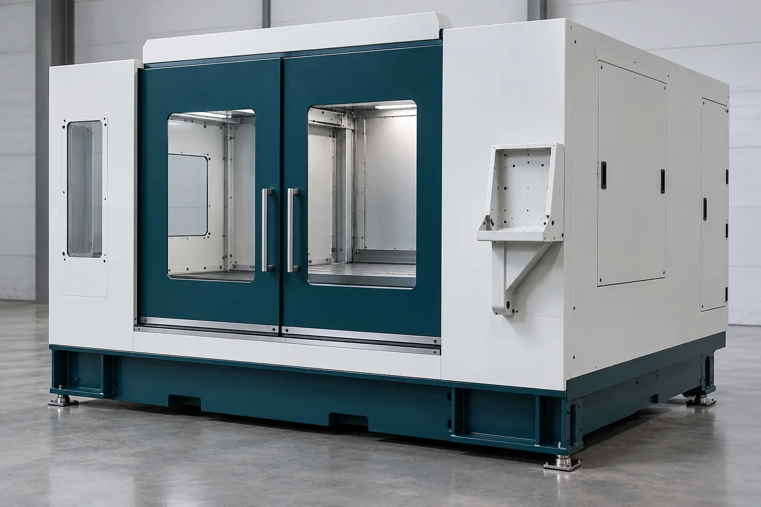 Fabricated VMC machine enclosure with sliding access doors and side panels